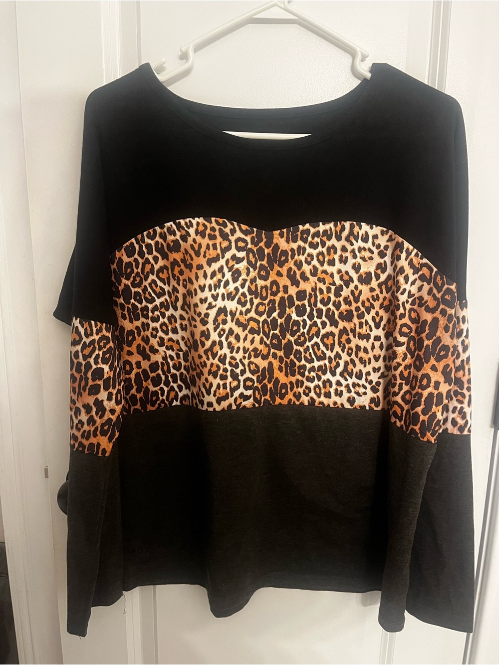 Black Leopard-Print Panel Long Sleeve Top